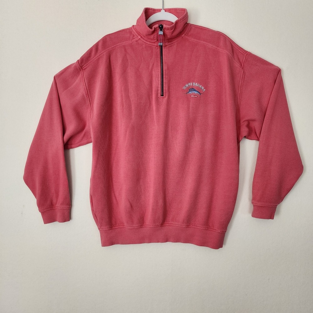 Tommy Bahama Relax Mens Quarter Zip Pullover Sweatshirt Coral Red Marlin Logo